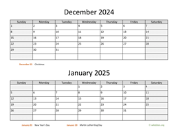 December 2024 and January 2025 Calendar