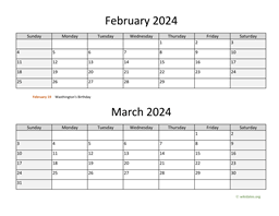 february and march 2024 calendar