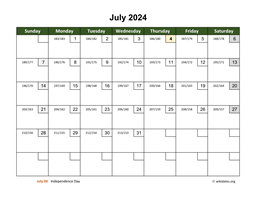 July 2024 Calendar with Day Numbers