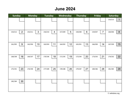 June 2024 Calendar with Day Numbers