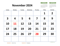 November 2024 Calendar with Extra-large Dates