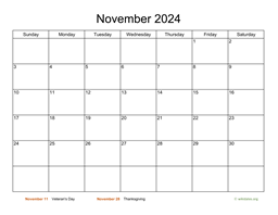 Basic Calendar for November 2024