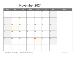 November 2024 Calendar with Notes