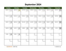 September 2024 Calendar with Day Numbers