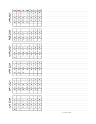 six months 2024 calendar vertical with notes