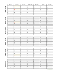 six months 2024 calendar vertical