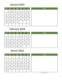 three months 2024 calendar vertical with notes