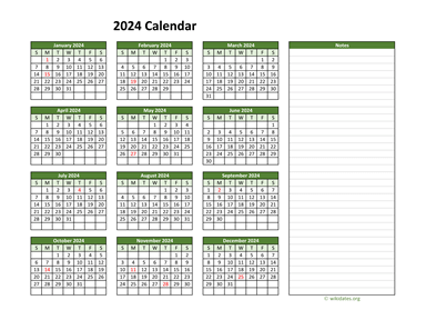 Yearly Printable 2024 Calendar with Notes