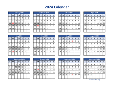 2024 Calendar in PDF | WikiDates.org