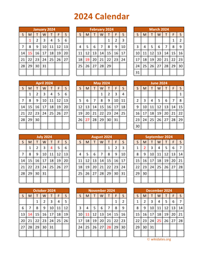 Full Year 2024 Calendar on one page