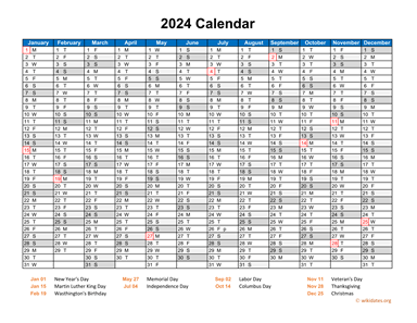 2024 Calendar Horizontal, One Page | WikiDates.org