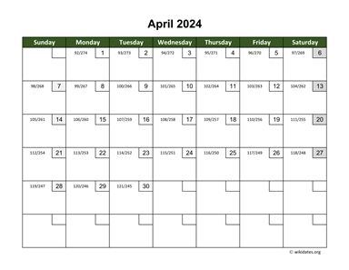 April 2024 Calendar with Day Numbers