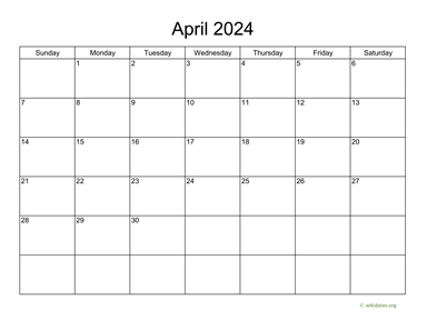 Basic Calendar for April 2024 | WikiDates.org
