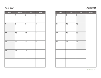 April 2024 Calendar on two pages | WikiDates.org