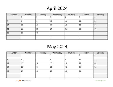 April and May 2024 Calendar Horizontal