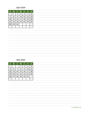 April and May 2024 Calendar with Notes