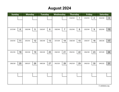 August 2024 Calendar with Day Numbers