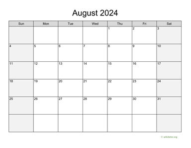 August 2024 Calendar with Weekend Shaded