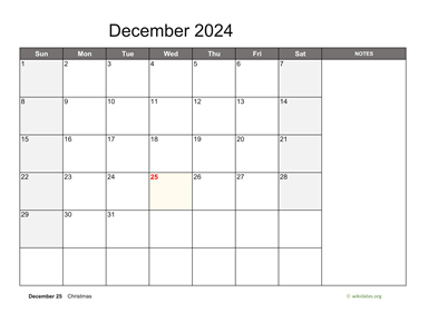 December 2024 Calendar with Notes