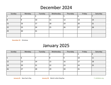 December 2024 and January 2025 Calendar Horizontal