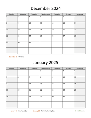 December 2024 and January 2025 Calendar Vertical