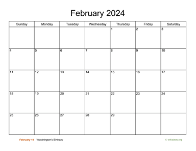 Basic Calendar for February 2024