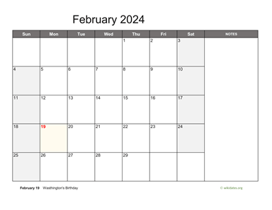 February 2024 Calendar with Notes