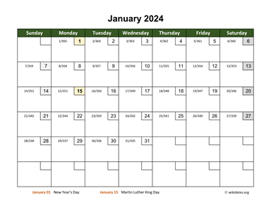 January 2024 Calendar with Day Numbers