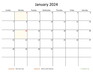 January 2024 Calendar with Bigger boxes