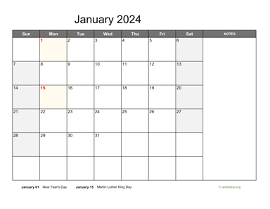 January 2024 Calendar with Notes