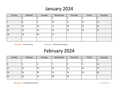 January and February 2024 Calendar Horizontal