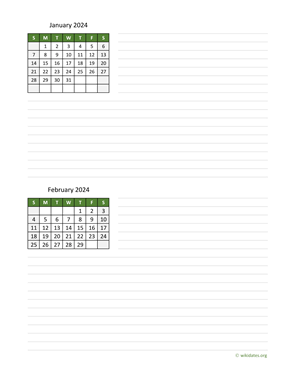 January and February 2024 Calendar with Notes