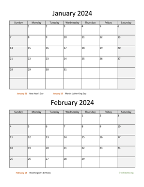 January and February 2024 Calendar Vertical