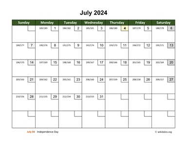 July 2024 Calendar with Day Numbers