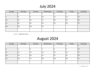 July and August 2024 Calendar Horizontal