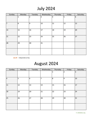 July and August 2024 Calendar Vertical