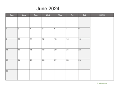June 2024 Calendar with Notes