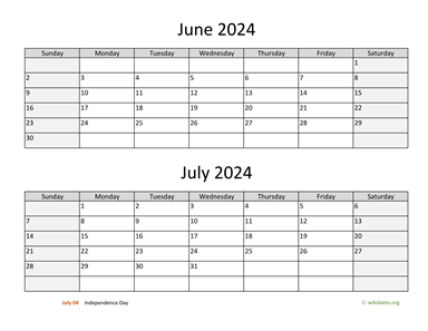 June and July 2024 Calendar Horizontal