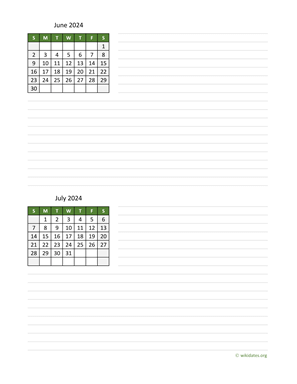 June and July 2024 Calendar with Notes