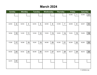 March 2024 Calendar with Day Numbers