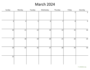 March 2024 Calendar with Bigger boxes | WikiDates.org