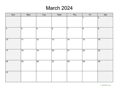 March 2024 Calendar with Weekend Shaded