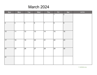 March 2024 Calendar with Notes