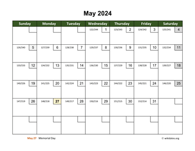 May 2024 Calendar with Day Numbers