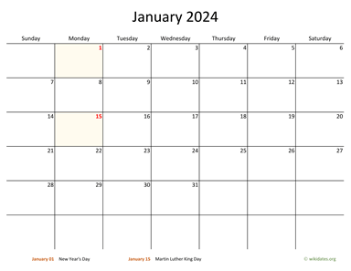 Monthly 2024 Calendar with Bigger boxes | WikiDates.org