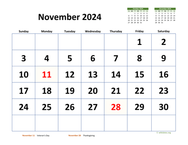 November 2024 Calendar with Extra-large Dates