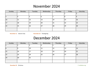 November and December 2024 Calendar Horizontal