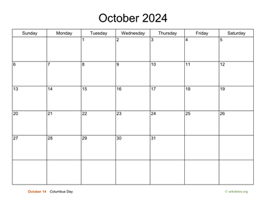 Basic Calendar for October 2024