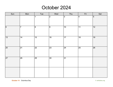 October 2024 Calendar with Weekend Shaded