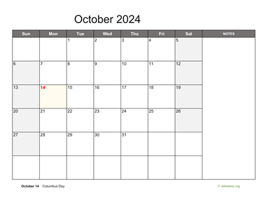 October 2024 Calendar with Notes